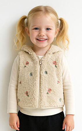 Fermuarlı Teddy Kumaş Kapüşonlu Kız Bebek Yelek