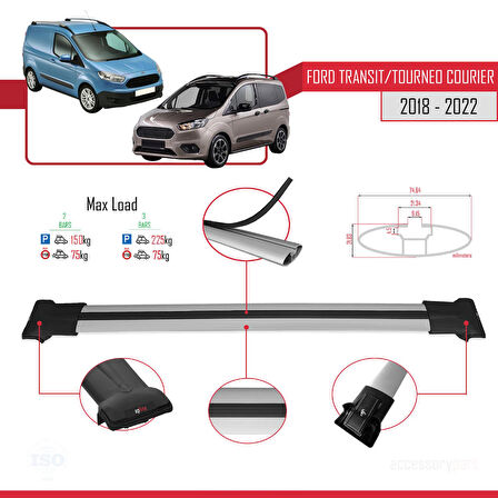 Ford Transit/Tourneo Courier Post-Facelift 2018-2022 Arası ile Uyumlu FLY Model Ara Atkı Tavan Barı Gri 2 Adet