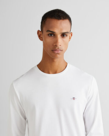 GANT Erkek Beyaz Slim Fit Bisiklet Yaka Uzun Kollu T-Shirt