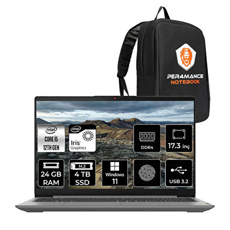 Lenovo IdeaPad 3 17IAU7 i5-1235U 24GB 4TB SSD 17.3" FHD W11H Taşınabilir Bilgisayar & PER4 Çanta