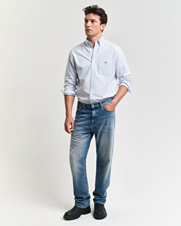 GANT Erkek Mavi Regular Fit Düğmeli Yaka Çizgili Oxford Gömlek