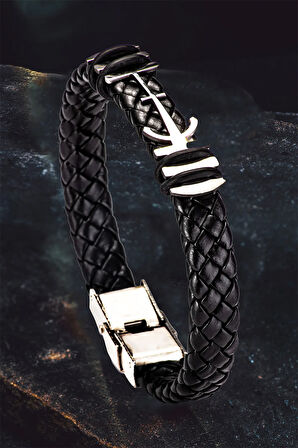 Erkek Çelik Bileklik - Deri Örgülü Çapa Model Çelik Bileklik