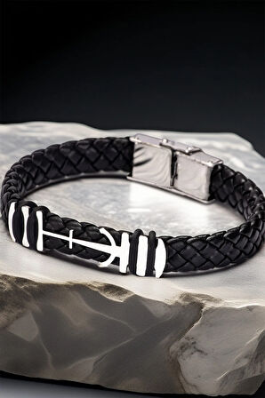 Erkek Çelik Bileklik - Deri Örgülü Çapa Model Çelik Bileklik