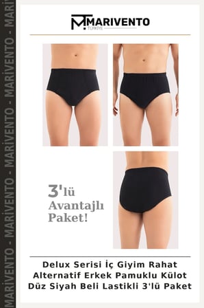 Delux Serisi İç Giyim Rahat Alternatif Erkek Pamuklu Külot Düz Siyah Beli Lastikli 3'lü Paket