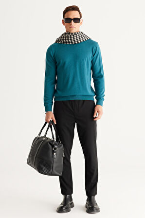 Erkek Petrol Standart Fit Normal Kesim Bisiklet Yaka Triko Kazak