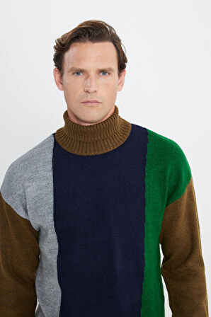 Erkek Haki-Lacivert Oversize Fit Bol Kesim Tam Balıkçı Yaka Triko Kazak