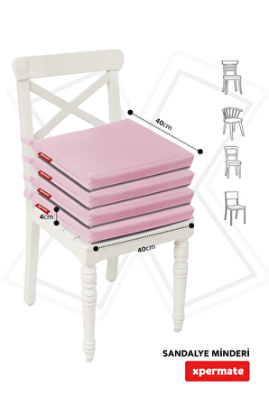 Xpermate Fermuarlı 4'lü Sandalye Minderi Su İtici Kumaş 40x40Cm Sünger Sandalye Minderi Bağcıklı Pembe