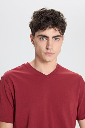 Erkek Bordo Slim Fit Dar Kesim %100 Pamuk V Yaka Kısa Kollu Tişört