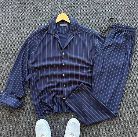 Alaçatı Stili Unisex Krep Kumaş Çizgili Gömlek ve Pantolon Takım