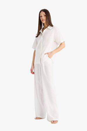 DeFacto Wide Leg Geniş Paça Cepli Yüksek Lastikli Bel Beyaz Palazzo Pantolon A9129AX25SMWT32