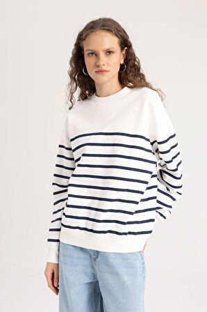 DeFacto Relax Fit Bisiklet Yaka Çizgili İnce Sweatshirt A9255AX24SPNV31