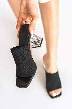 Günlük Kadın Örme Dantelli Triko Terlik 7 cm Şeffaf Topuklu Ayakkabı 4800