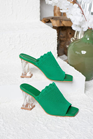 Günlük Kadın Örme Dantelli Triko Terlik 7 cm Şeffaf Topuklu Ayakkabı 4800