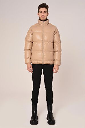 Modefendi Oversize Deri Şişme Mont Bej