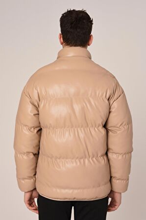 Modefendi Oversize Deri Şişme Mont Bej