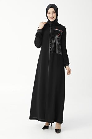 Yakası Derili Kırmızı Britli Siyah Ferace