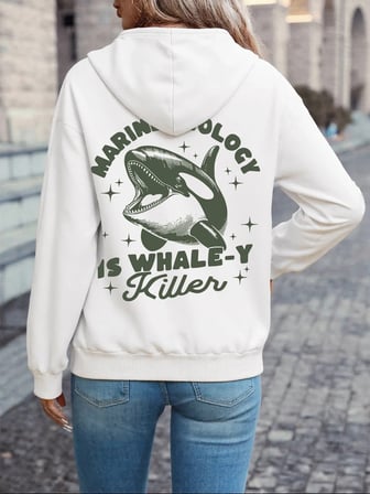 Deniz Biyolojisi Balina Katili Baskılı Kapüşonlu Üstler Kadın Temel Gevşek Sweatshirtler Kışl
