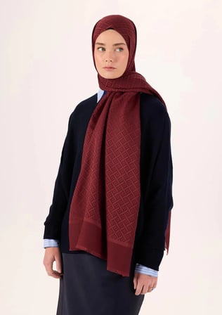 Pamuk Polyester Liva Şal Bordo Desenli Tok Duruşlu 90X200