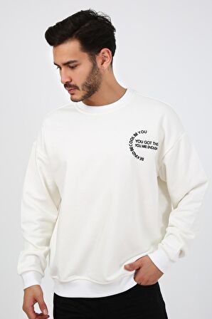 Fıve Pocket Erkek Bisiklet Yaka Sweatshirt -Ekru