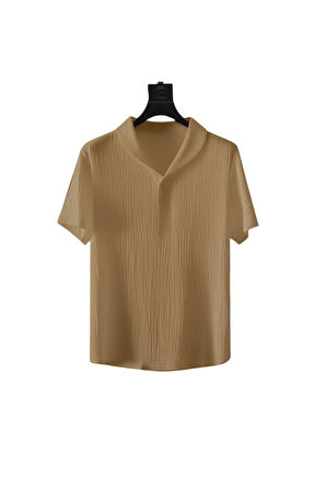 Alaçatı Stili Erkek Bürümcük Krinkıl Kumaş Yazlık Likralı Polo Yaka Tshirt ve Eşofman Takım kombini