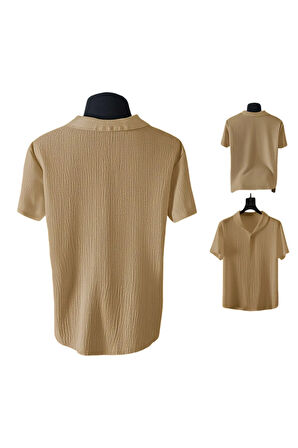 Alaçatı Stili Erkek Bürümcük Krinkıl Kumaş Yazlık Likralı Polo Yaka Tshirt ve Eşofman Takım kombini