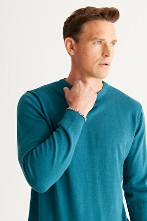 Erkek Petrol Standart Fit Normal Kesim Bisiklet Yaka Triko Kazak