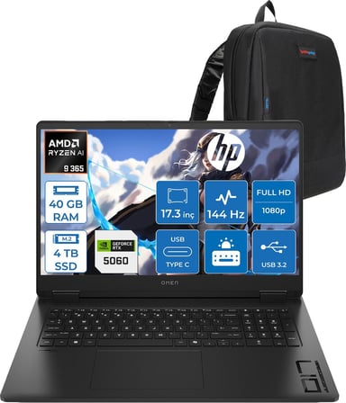 Hp Omen 17-DB1022NT Amd Ryzen Aı 9 365 40GB Ddr5 4tb SSD Freedos RTX5060 8gb Gddr6 17.3 Inç Fullhd (1920 x 1080) 144Hz 7ms 300NITS IPS Taşınabilir Bilgisayar CD5N2EAF22 + Zetta Çanta