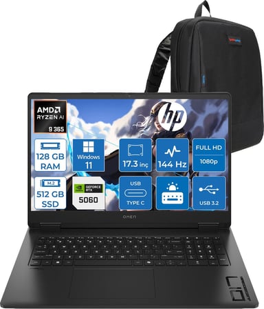Hp Omen 17-DB1022NT Amd Ryzen Aı 9 365 128GB Ddr5 512GB SSD Windows 11 Home RTX5060 8gb Gddr6 17.3 Inç Fullhd (1920 x 1080) 144Hz 7ms 300NITS IPS Taşınabilir Bilgisayar CD5N2EAH49 + Zetta Çanta