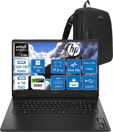 Hp Omen 17-DB1022NT Amd Ryzen Aı 9 365 128GB Ddr5 4tb SSD Windows 11 Pro RTX5060 8gb Gddr6 17.3 Inç Fullhd (1920 x 1080) 144Hz 7ms 300NITS IPS Taşınabilir Bilgisayar CD5N2EAP52 + Zetta Çanta