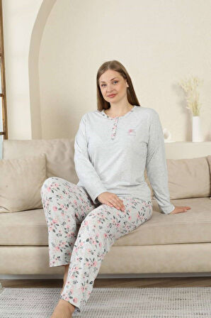 Alimer Kadın Büyük Beden Gri Çiçek Desen 3 Düğmeli Mevsimlik Uzun Kol Pijama Takımı