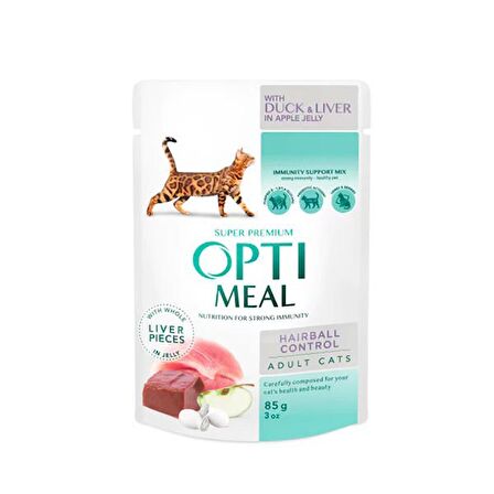 Optimeal Hairball Ördekli Ciğerli ve Elma Konserve Yetişkin Kedi Maması 85 Gr