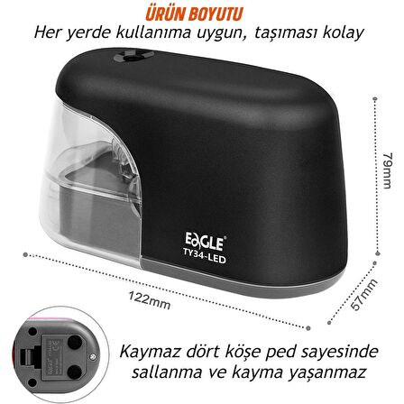 Eagle Led Işıklı Otomatik Kalemtıraş (TY34-LED) Siyah + AA Pil