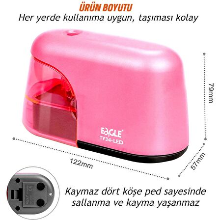 Eagle Led Işıklı Otomatik Kalemtıraş (TY34-LED) Pembe + AA Pil