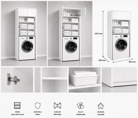 Lavin Beyaz Çamaşır Makinesi Üstü Dolap Çok Amaçlı Banyo Dolabı Raflı 