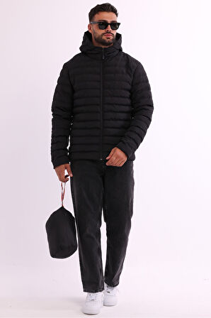 Erkek Siyah Rüzgar Geçirmez Kapüşonlu Taşınabilir Çantalı Elyaf Dolgulu Hafif Spor Mont | XL