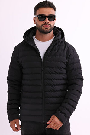 Erkek Siyah Rüzgar Geçirmez Kapüşonlu Taşınabilir Çantalı Elyaf Dolgulu Hafif Spor Mont | XL