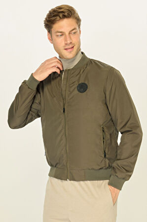 Erkek Haki Kolej Yaka Rüzgara Dayanıklı Mevsimlik Spor Mont | 5XL