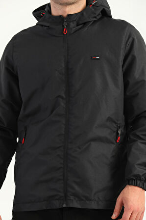 Erkek Siyah İçi Astarlı Suya Dayanıklı Kapüşonlu Cepli Yağmurluk - Rüzgarlık Ceket Y-10