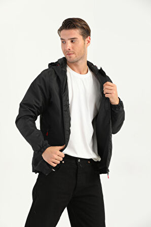 Erkek Siyah İçi Astarlı Suya Dayanıklı Kapüşonlu Cepli Yağmurluk - Rüzgarlık Ceket Y-10