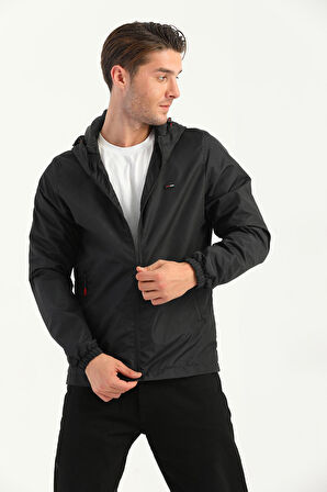 Erkek Siyah İçi Astarlı Suya Dayanıklı Kapüşonlu Cepli Yağmurluk - Rüzgarlık Ceket Y-10