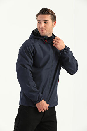 
Erkek Lacivert İçi Astarlı Suya Dayanıklı Kapüşonlu Cepli Yağmurluk - Rüzgarlık Ceket Y-10