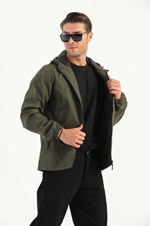 
Erkek Haki İçi Astarlı Suya Dayanıklı Kapüşonlu Cepli Yağmurluk - Rüzgarlık Ceket Y-10