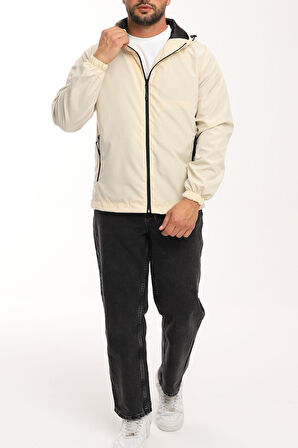 Erkek Bej Içi Astarlı Kapüşonlu Cepli Yağmurluk - Rüzgarlık Ceket | S