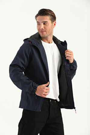 
Erkek Lacivert İçi Astarlı Suya Dayanıklı Kapüşonlu Cepli Yağmurluk - Rüzgarlık Ceket Y-10