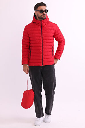 Erkek Kırmızı Rüzgar Geçirmez Kapüşonlu Taşınabilir Çantalı Elyaf Dolgulu Hafif Spor Mont | M