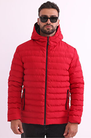 Erkek Kırmızı Rüzgar Geçirmez Kapüşonlu Taşınabilir Çantalı Elyaf Dolgulu Hafif Spor Mont | M