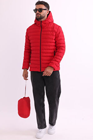 Erkek Kırmızı Rüzgar Geçirmez Kapüşonlu Taşınabilir Çantalı Elyaf Dolgulu Hafif Spor Mont | M