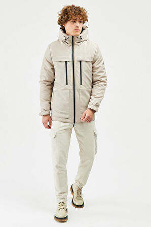 Erkek Bej Elyaflı Su Ve Rüzgar Geçirmez Kapüşonlu Kışlık Mont & Kaban & Parka | M