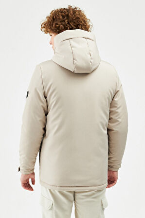 Erkek Bej Elyaflı Su Ve Rüzgar Geçirmez Kapüşonlu Kışlık Mont & Kaban & Parka | M