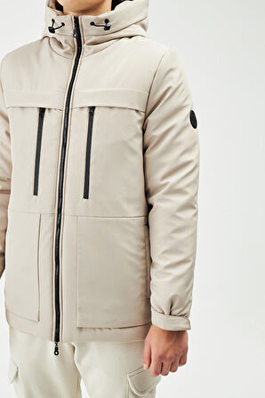 Erkek Bej Elyaflı Su Ve Rüzgar Geçirmez Kapüşonlu Kışlık Mont & Kaban & Parka | M